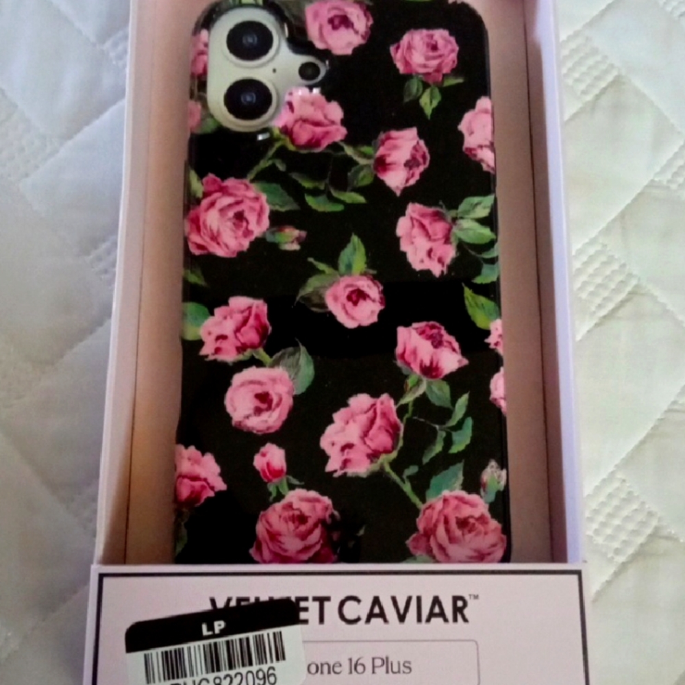 Velvet Caviar Rose Pattern iPhone 16 Plus Case - Black and Pink